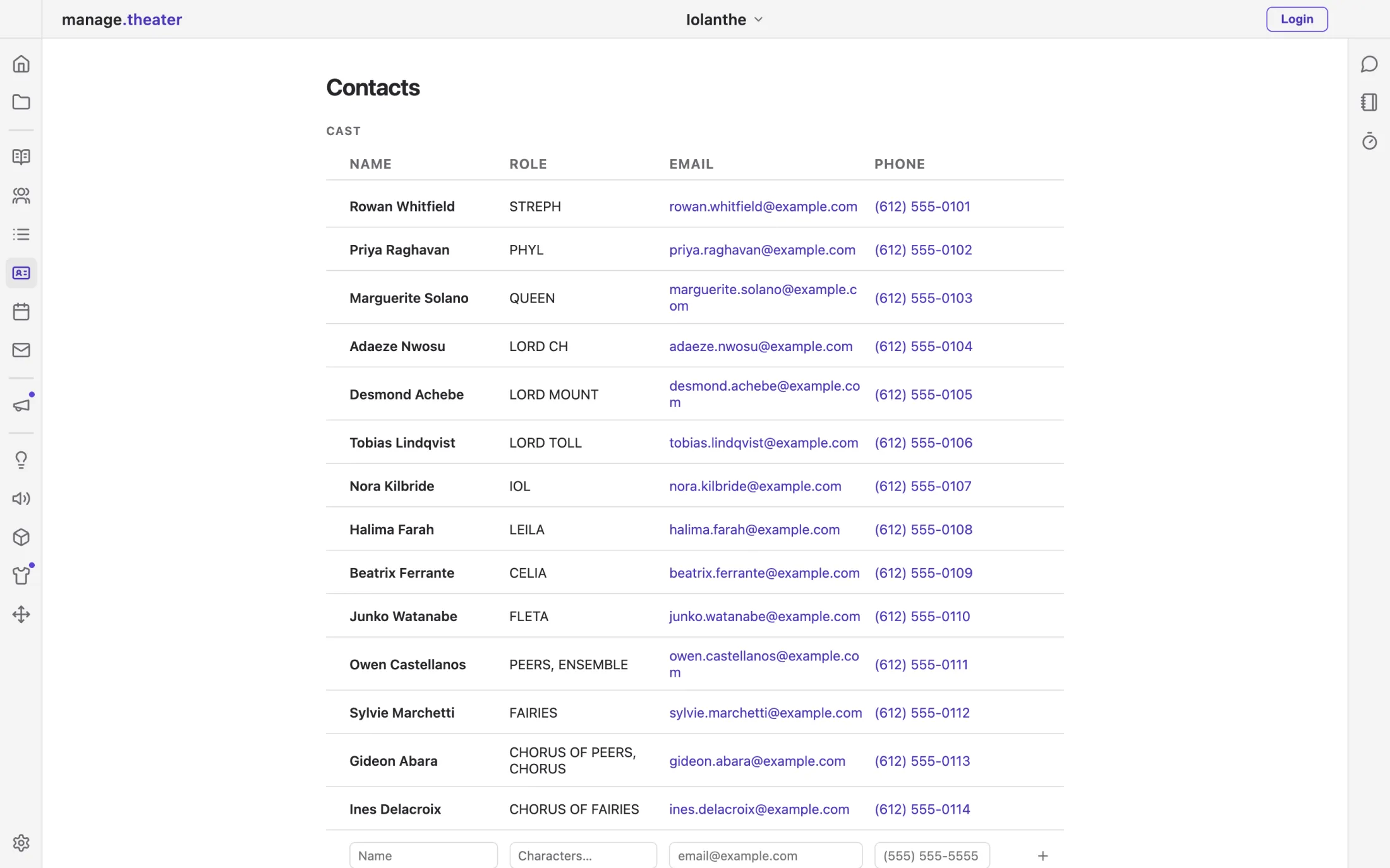 The company contact list with roles and phone numbers.