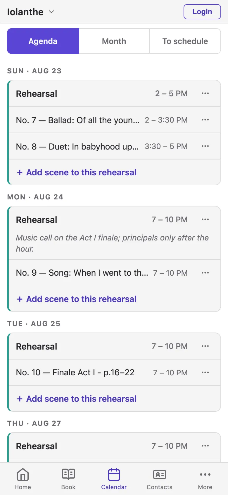 The calendar on a phone, listing the week's rehearsals with times.