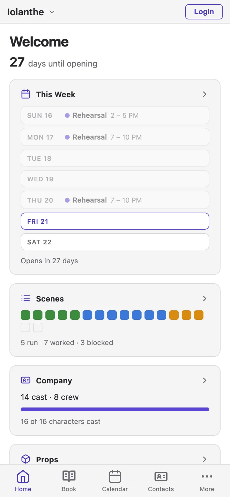 The app on a phone: twenty-seven days until opening, this week's rehearsals, scene status, sixteen of sixteen characters cast.