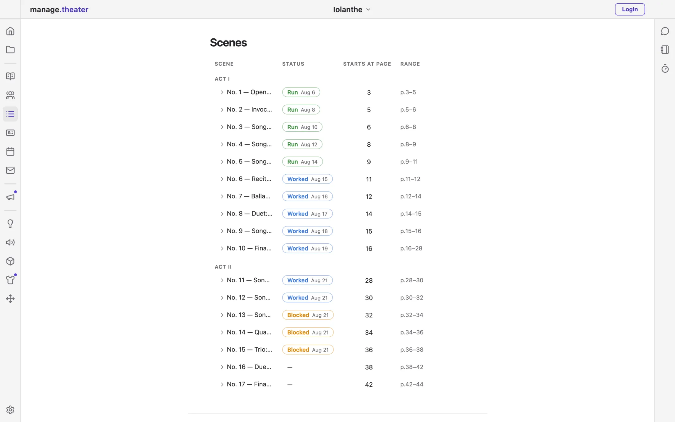 A list of scenes with status — run, worked, blocked — and the date each reached it.